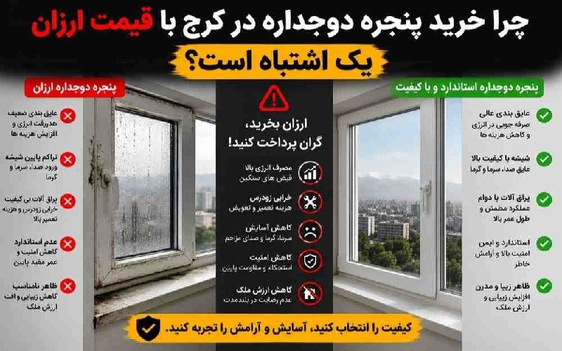 مقایسه پنجره دوجداره ارزان و استاندارد در کرج و معایب خرید پنجره بی‌کیفیت