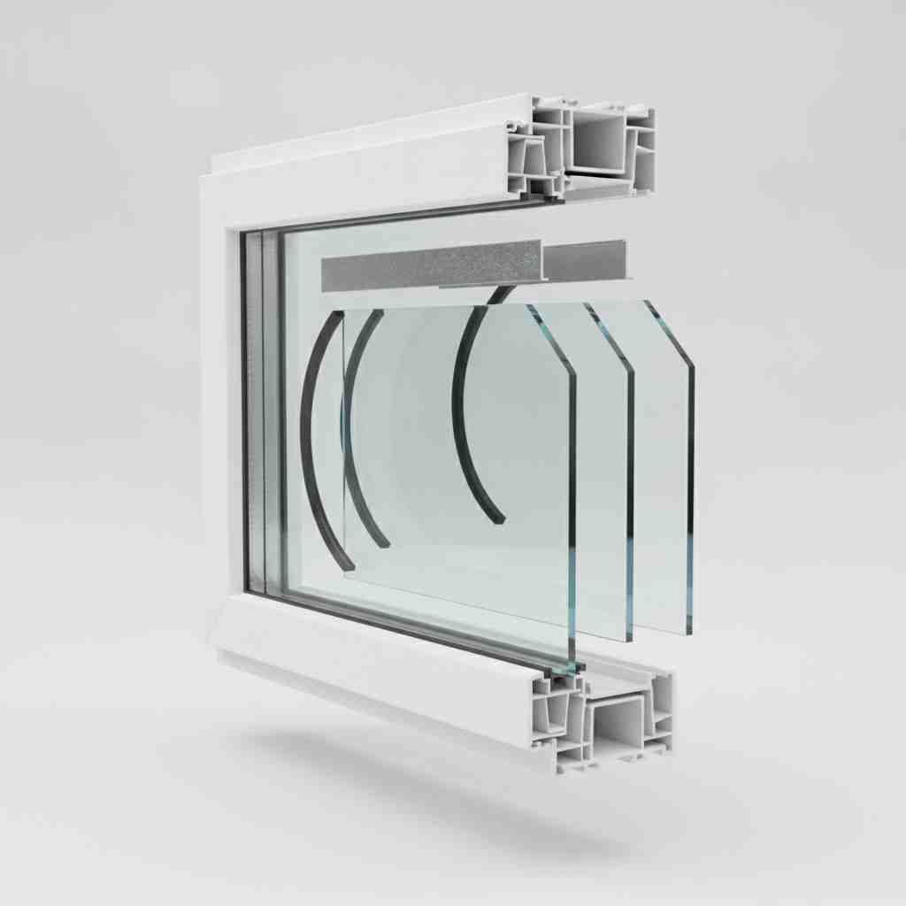 نمای انفجاری (Exploded View) از اجزای فنی پنجره دوجداره UPVC شامل پروفیل گالوانیزه داخلی و شیشههای دوجداره