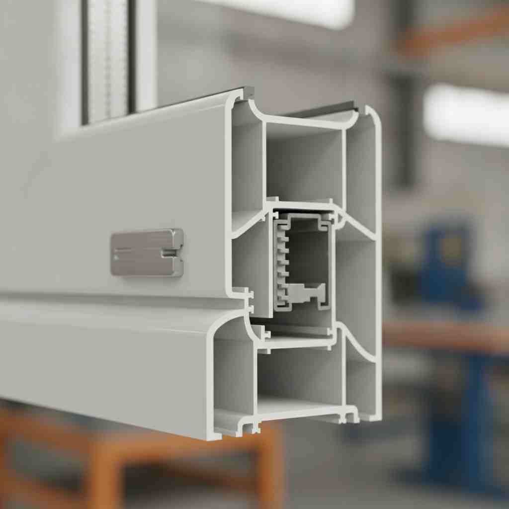 نمای نزدیک از پروفیل و یراقآلات باکیفیت در پنجره دوجداره UPVC