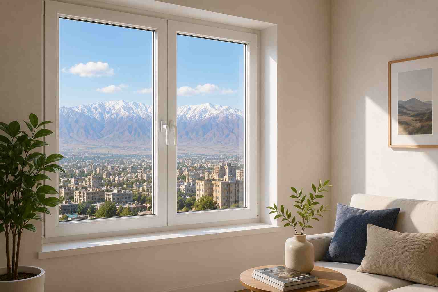 پنجره دوجداره UPVC در کرج با منظره کوهستان، نمایی از کاهش مصرف انرژی و عایق صوتی.