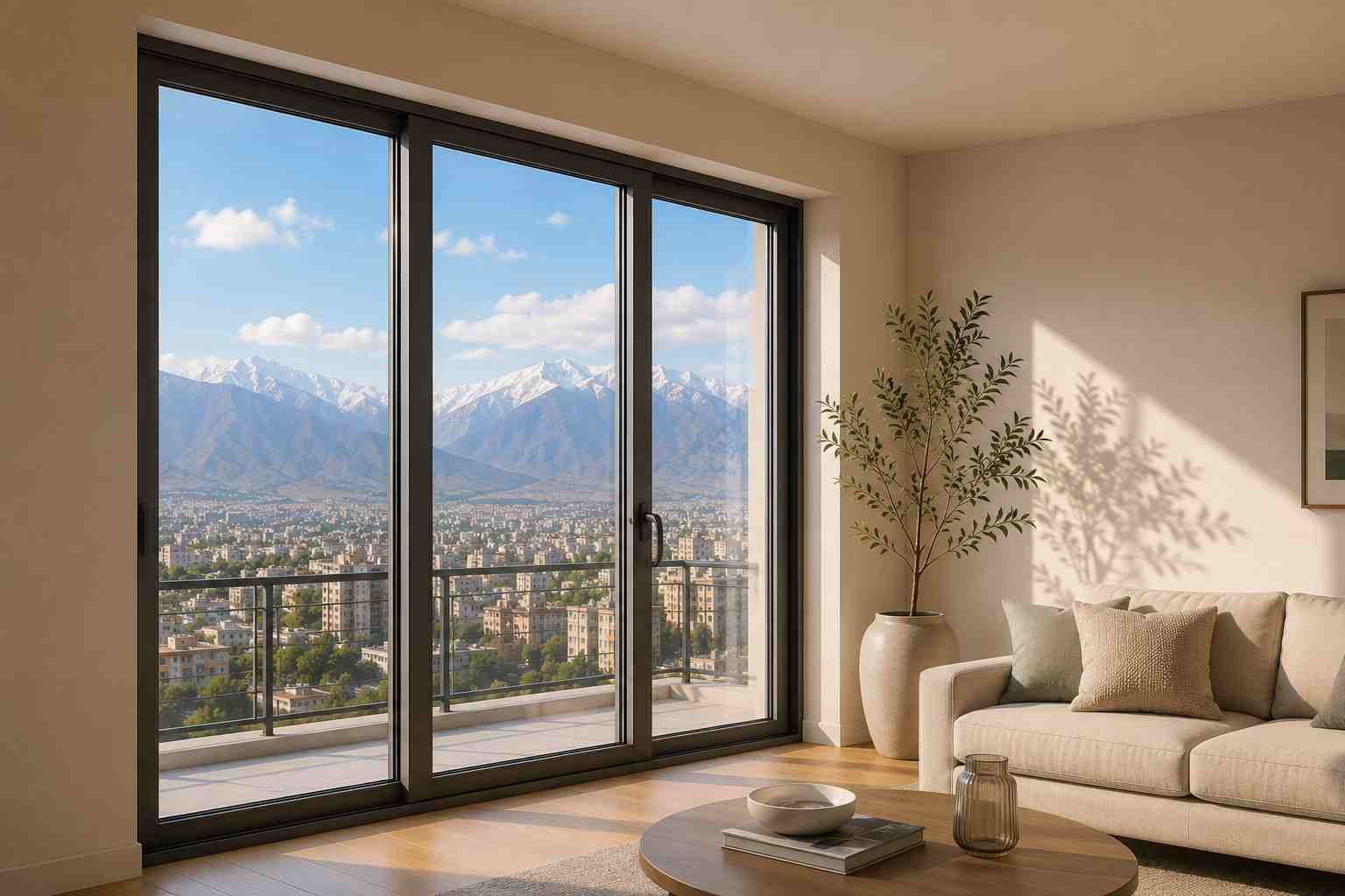 پنجره کشویی دوجداره تیره در کرج با نمای شهر و کوهستان، نمادی از کاهش هزینه انرژی و عایقبندی.