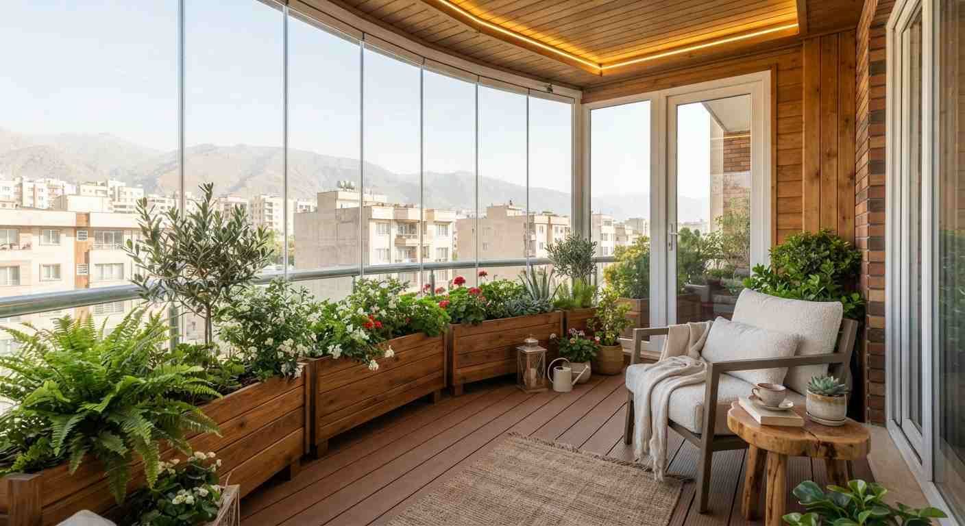 نمای مدرن و دنج پس از طراحی دکوراسیون بالکن در کرج با استفاده از شیشهکاری اختصاصی و فلاورباکسهای چوبی چوکوبست.