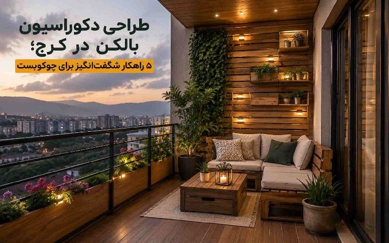 دکوراسیون بالکن مدرن در کرج با چوب، گیاهان سبز، مبلمان راحتی و چشم‌انداز شهر در غروب