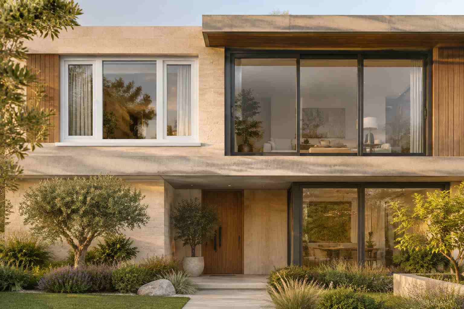 نمای خارجی ساختمان مدرن با مقایسه پنجره UPVC یا آلومینیومی؟ شامل قاب سفید UPVC و پنجره آلومینیومی ترمالبریک تیره