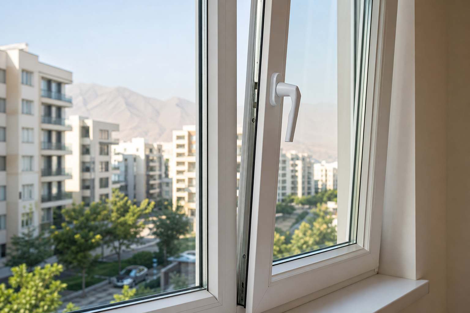 نمای نزدیک از پروفیل و یراقآلات بهترین پنجره دوجداره برای ساختمانهای فردیس با کیفیت ساخت صنعتی