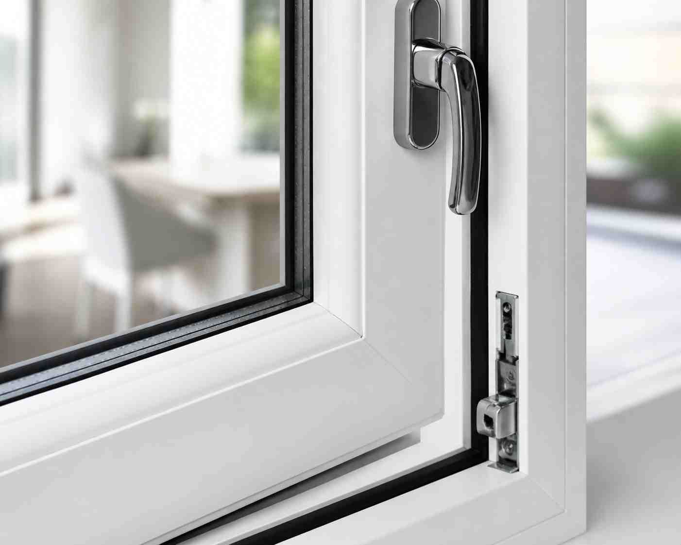 عمر مفید پنجره دوجداره چقدر است؟ نمای نزدیک از پروفیل UPVC، یراقآلات و درزگیر باکیفیتعنوان (Title):