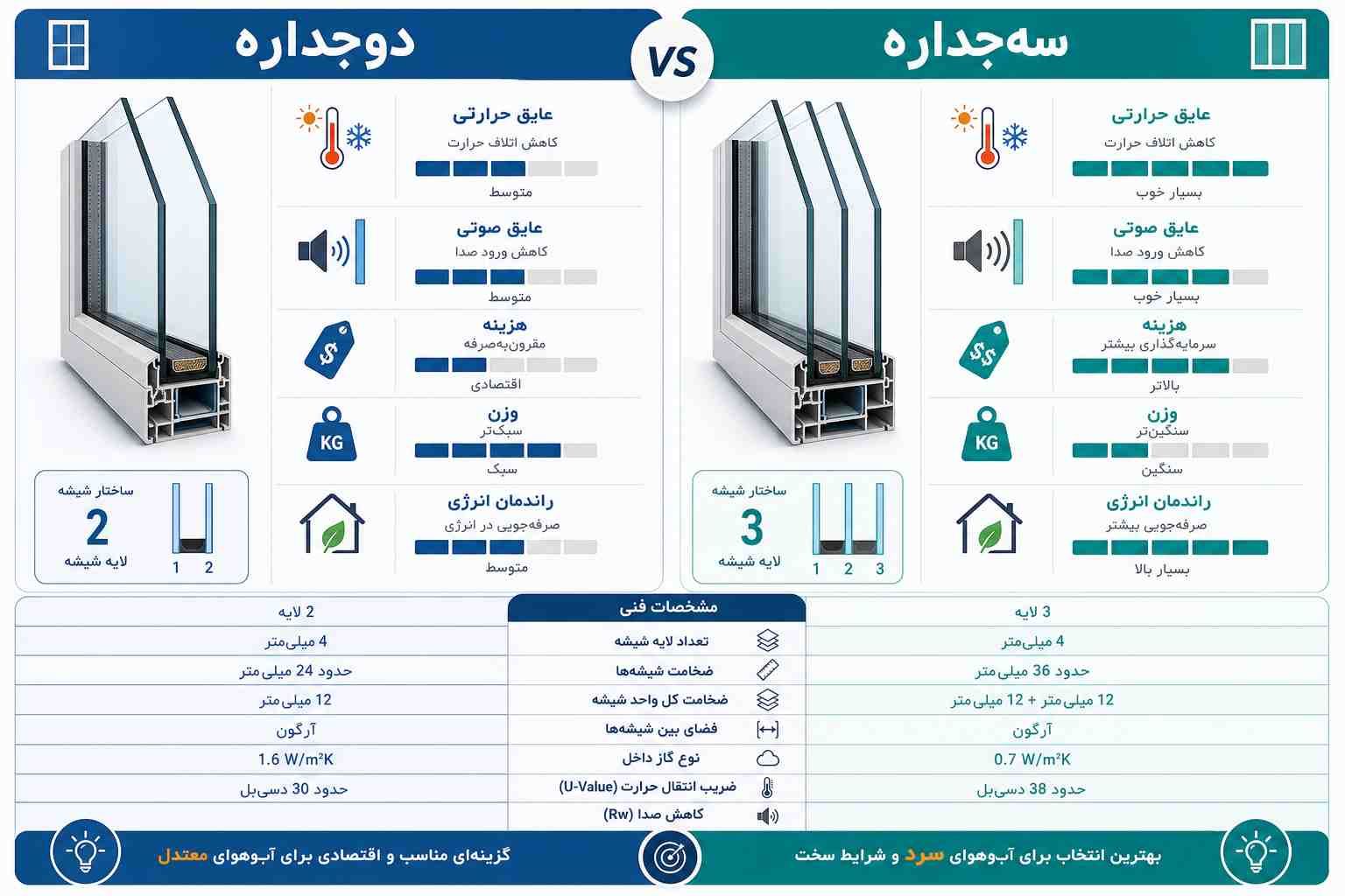 نمای مقایسهای پروفیلهای پنجره جهت پاسخ به سوال تخصصی پنجره دوجداره بهتر است یا سه جداره؟