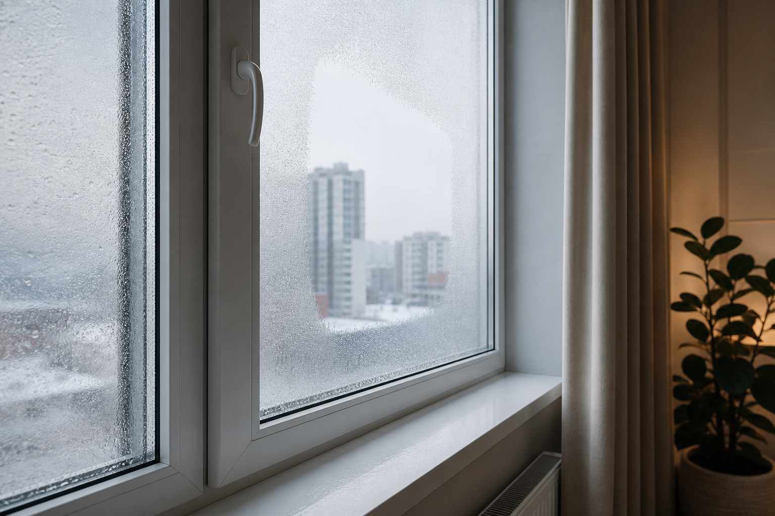چرا پنجره دوجداره عرق میکند؛ بخار و قطرات رطوبت روی سطح داخلی شیشه پنجره در هوای سرد