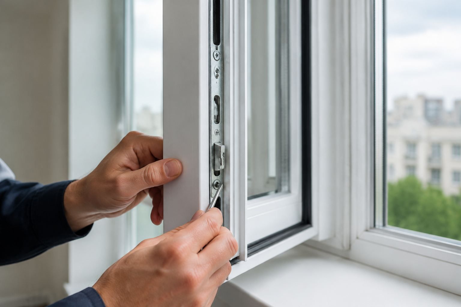 رگلاژ پنجره دوجداره با بررسی تراز لنگه و فاصله قاب پنجره UPVC