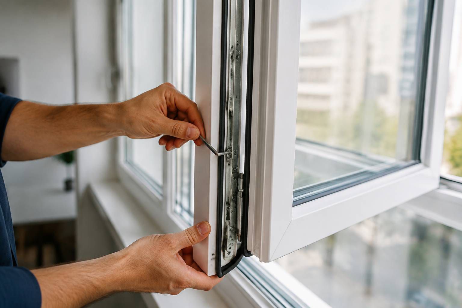 رگلاژ پنجره دوجداره با بررسی تراز لنگه و فاصله قاب پنجره UPVC