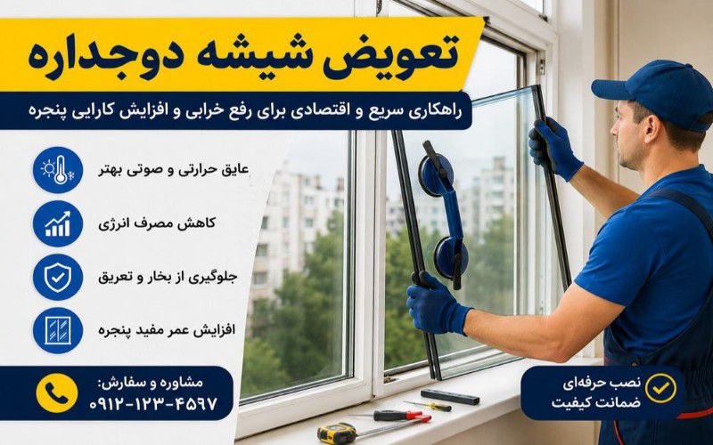 تعویض شیشه دوجداره؛ نصب شیشه جدید پنجره UPVC برای بهبود عایق حرارتی و صوتی