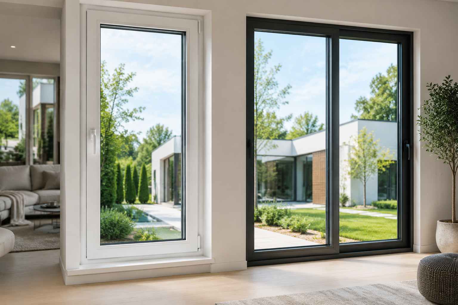 مقایسه پنجره UPVC یا آلومینیومی؟ با فریم سفید UPVC و فریم باریک آلومینیومی ترمالبریک در ساختمان مدرن