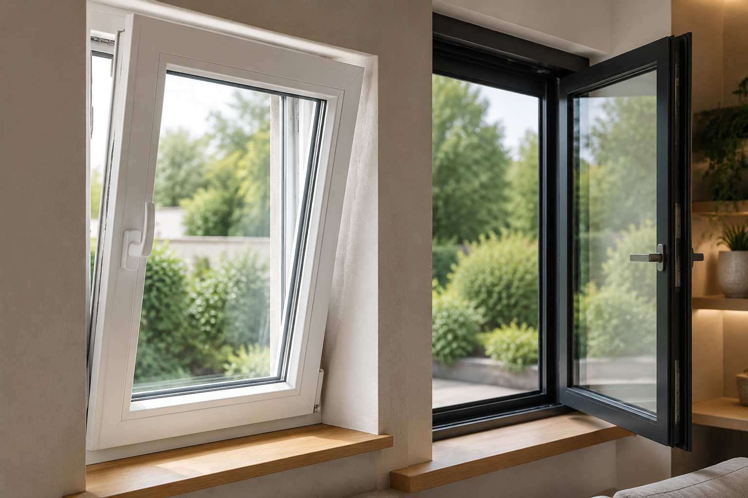 نمای نزدیک از مقایسه پنجره UPVC یا آلومینیومی؟ با قاب سفید ضخیمتر و قاب آلومینیومی ترمالبریک باریک
