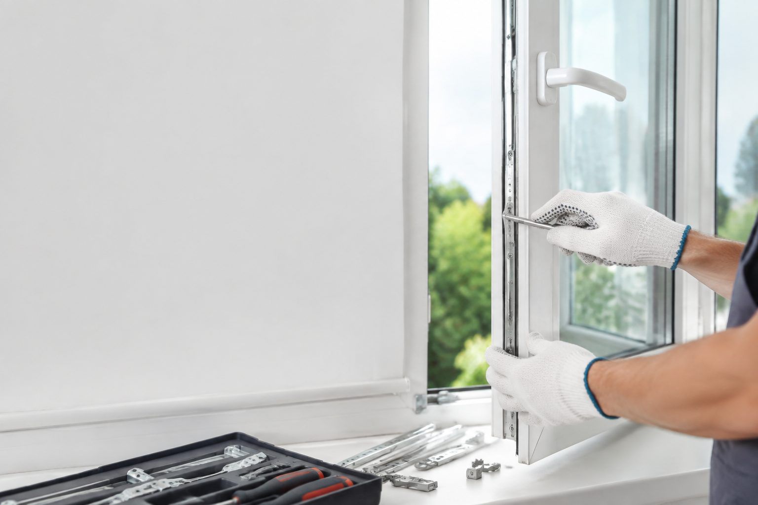 نمای نزدیک تکنسین هنگام تعویض یراق پنجره دوجداره و نصب قفل چندنقطهای روی پنجره UPVC