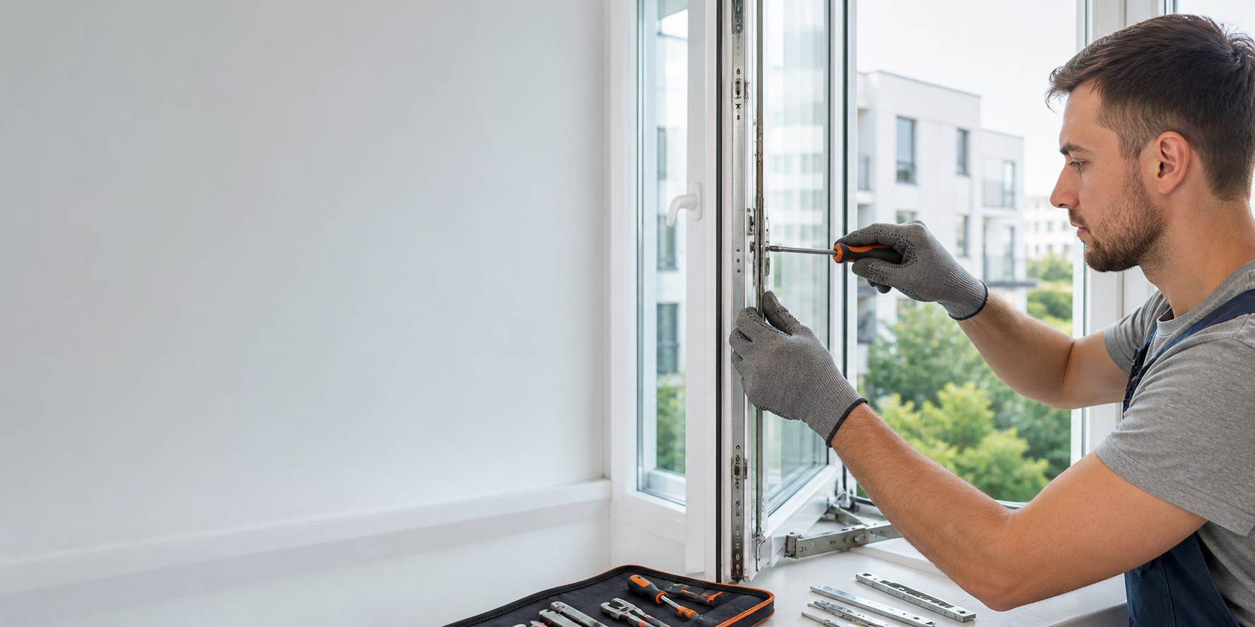 تکنسین در حال تعویض یراق پنجره دوجداره شامل اسپانیولت، لولا و دستگیره پنجره UPVC