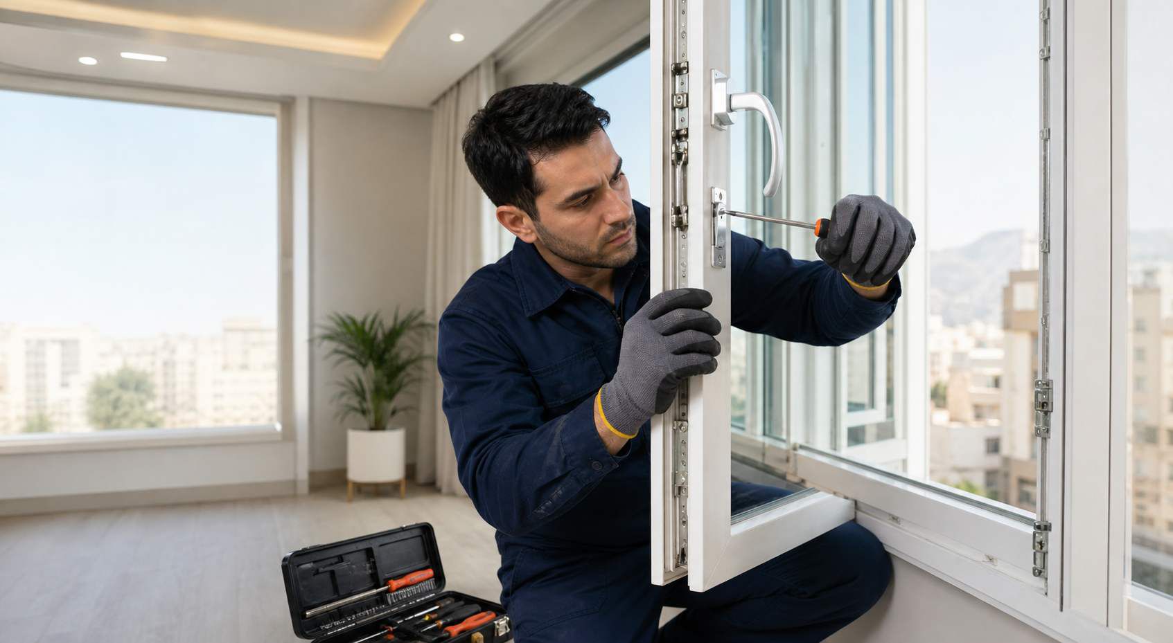 تکنسین متخصص در حال تعویض یراق پنجره دوجداره و تنظیم مکانیزم قفل پنجره UPVC