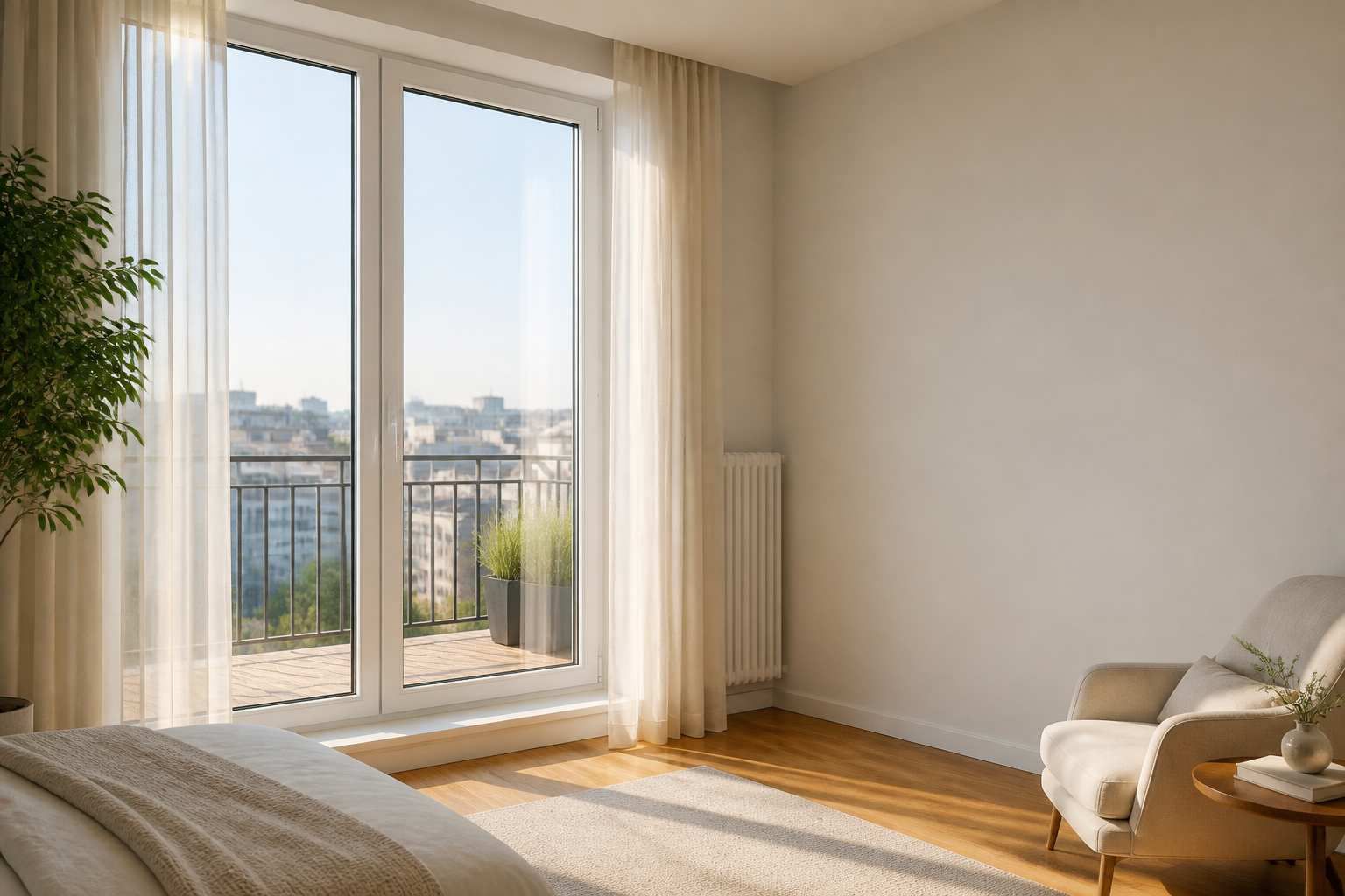 فضای داخلی آپارتمان مدرن با پنجره قدی و پنجره دوجداره برای آپارتمان با قاب سفید UPVC