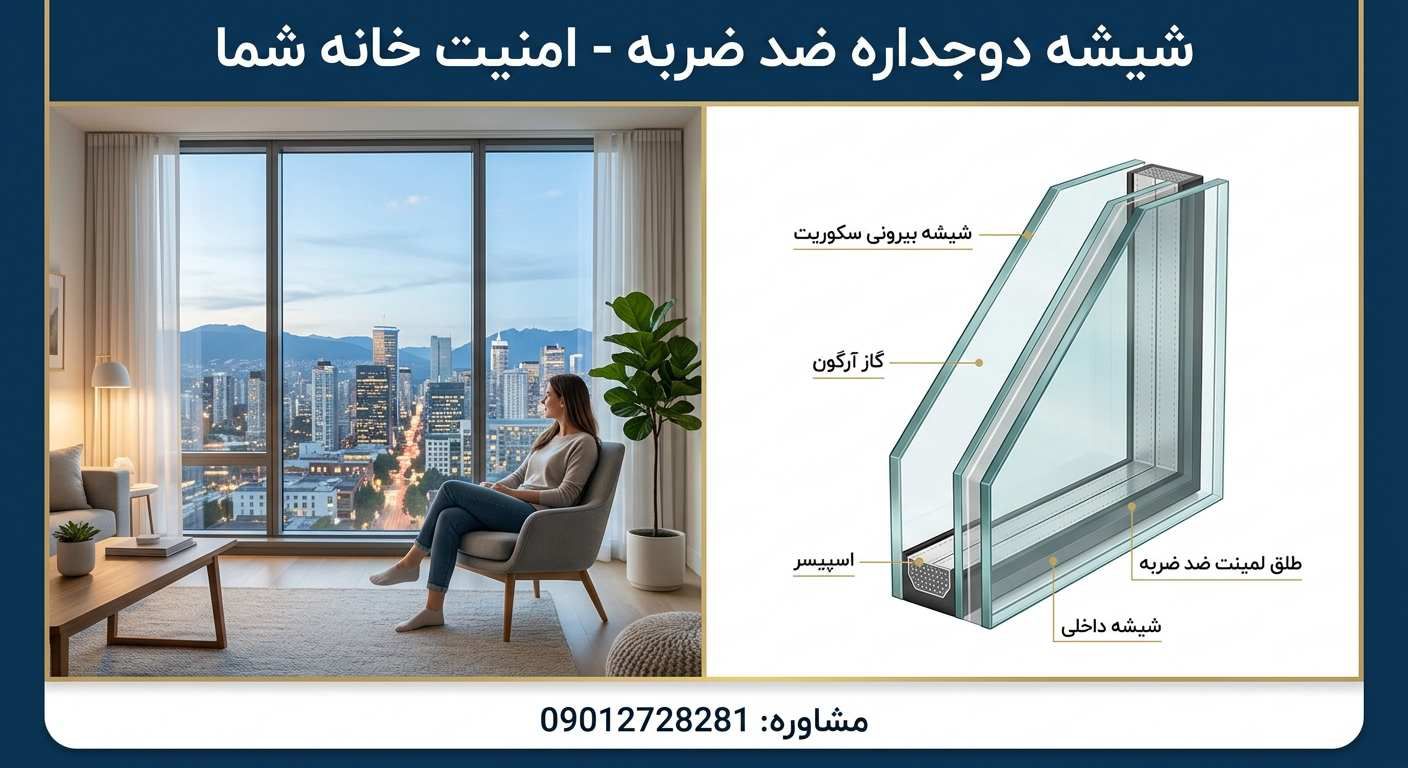 با شیشه دوجداره ضد ضربه، خانه خود را امن و آرام کنید. کیفیت عالی و نصب حرفهای. برای مشاوره و استعلام قیمت با ما تماس بگیرید: ۰۹۰۱۲۷۲۸۲۸۱