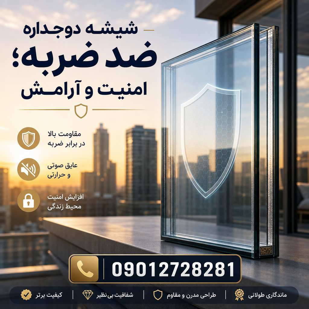 تصویر باکیفیت و تبلیغاتی از شیشه دوجداره ضد ضربه؛ نمایش لایههای محافظ شیشه و قدرت مقاومت آن در برابر ضربه و نفوذ سارقین.