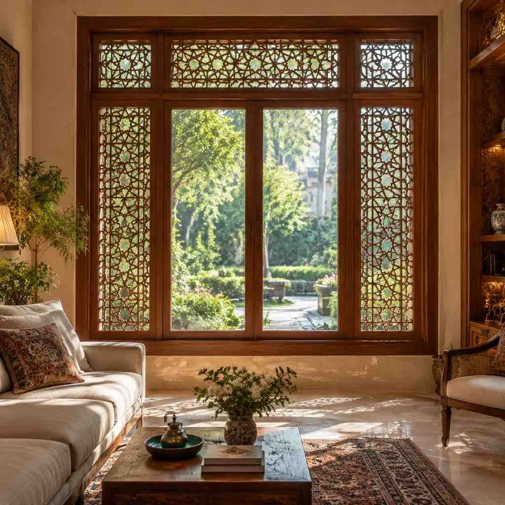 پنجره دوجداره طرح سنتی با گرهچینی ارسی؛ عایقبندی مدرن و نمای کلاسیک در پذیرایی